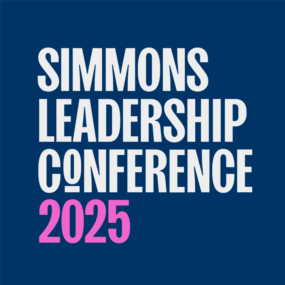 White text on a blue background reads "Simmons Leadership Conference" with "2025" in large pink numbers at the bottom.