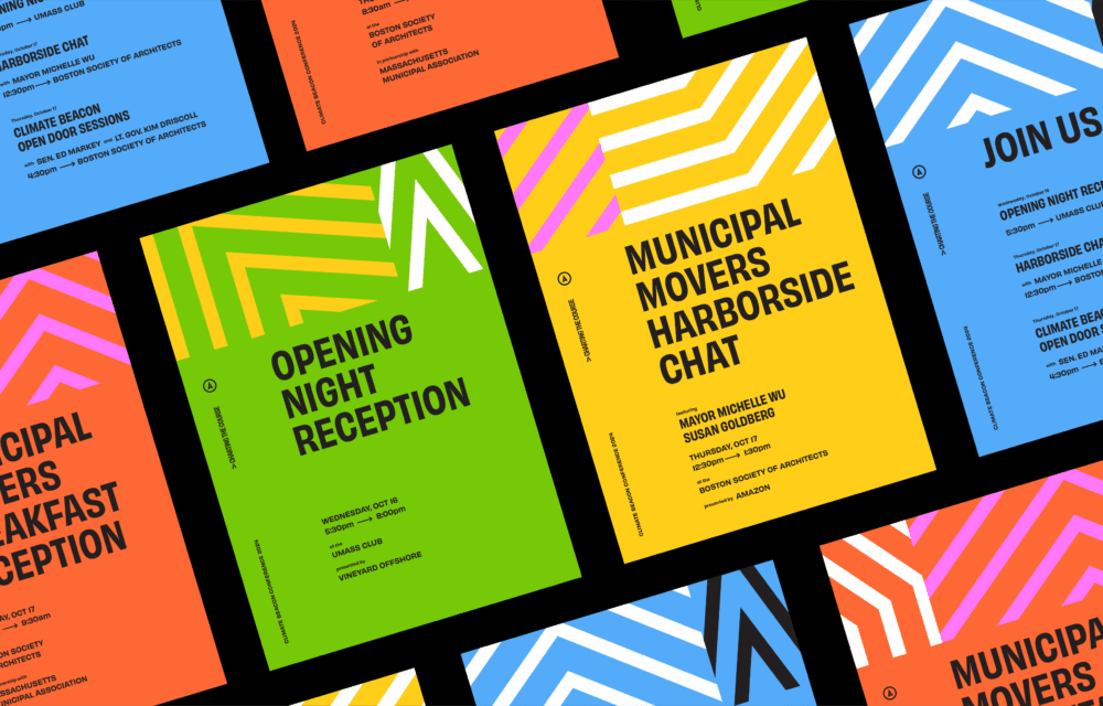 Colorful event posters with zigzag patterns and bold text details various municipal events, including receptions and chats.