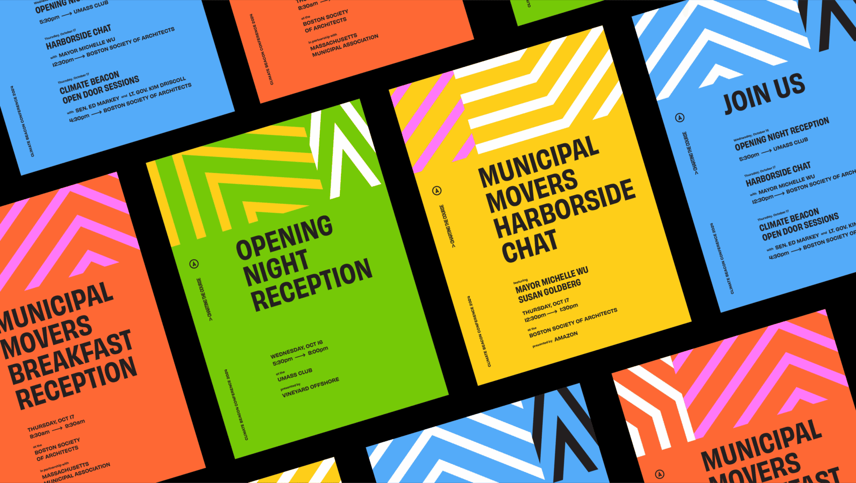 Colorful event posters with zigzag patterns and bold text details various municipal events, including receptions and chats.