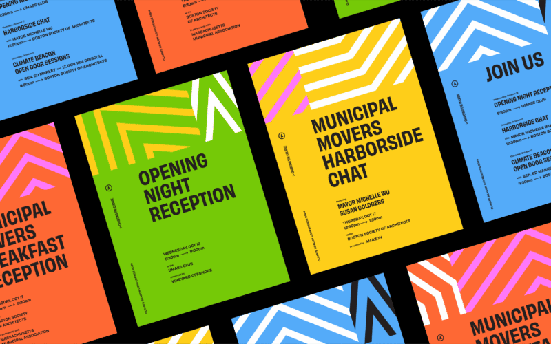Colorful event posters with zigzag patterns and bold text details various municipal events, including receptions and chats.