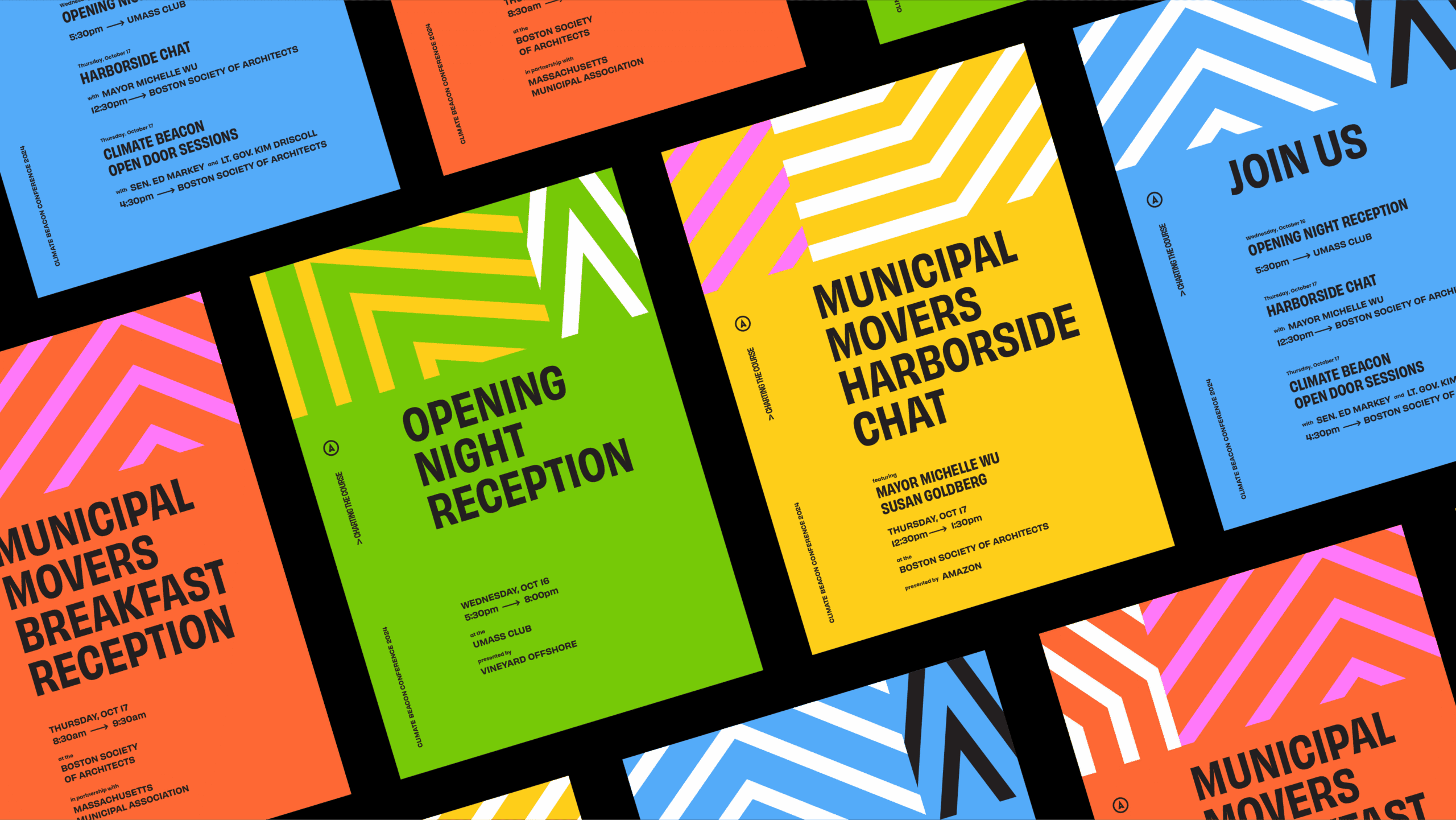 Colorful event posters with zigzag patterns and bold text details various municipal events, including receptions and chats.