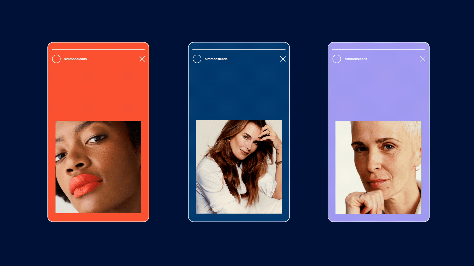 Three smartphone screens display portraits of women against red, blue, and purple backgrounds; each screen has a profile icon and a large photo of a woman.