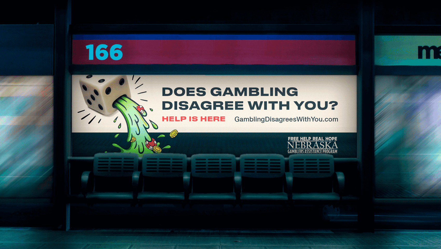 A billboard at a bus stop reads, "Does gambling disagree with you? Help is here," with a melting dice illustration and a website for gambling assistance in Nebraska.