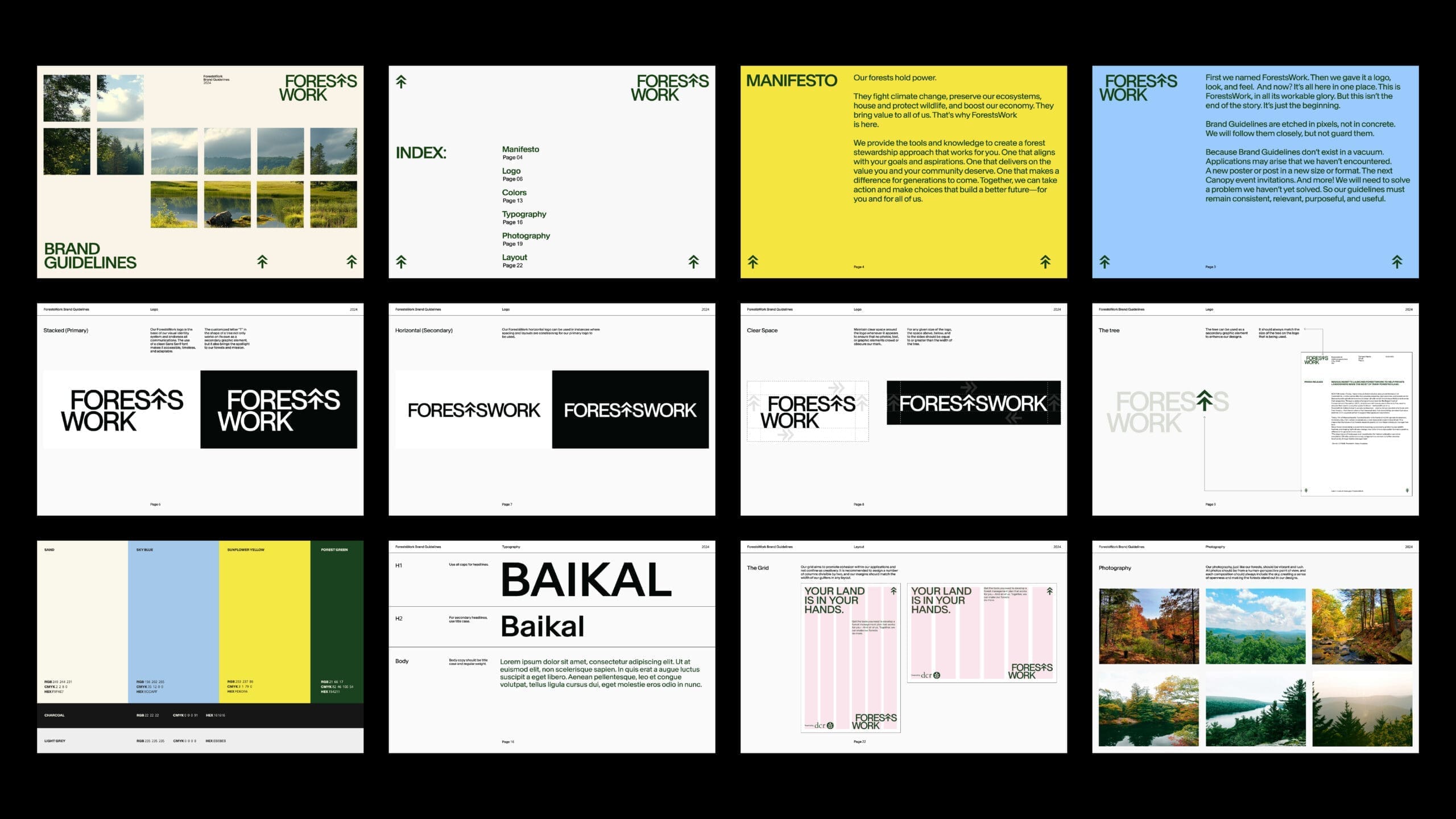 Thumbnails of a brand guidelines document with sections on the manifesto, logo variations, typography, and image layout examples, featuring nature-themed design elements.