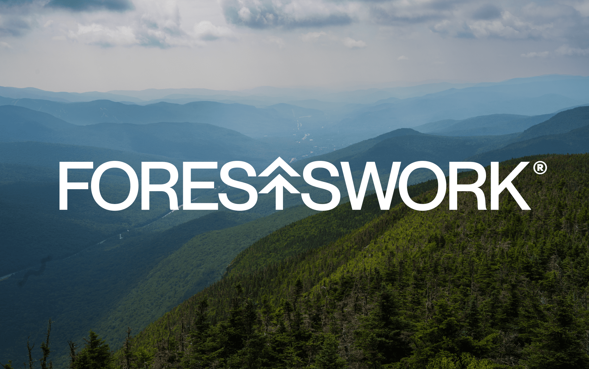 Logo reading "FORESTWORK" over a panoramic view of green wooded mountains under a cloudy sky.