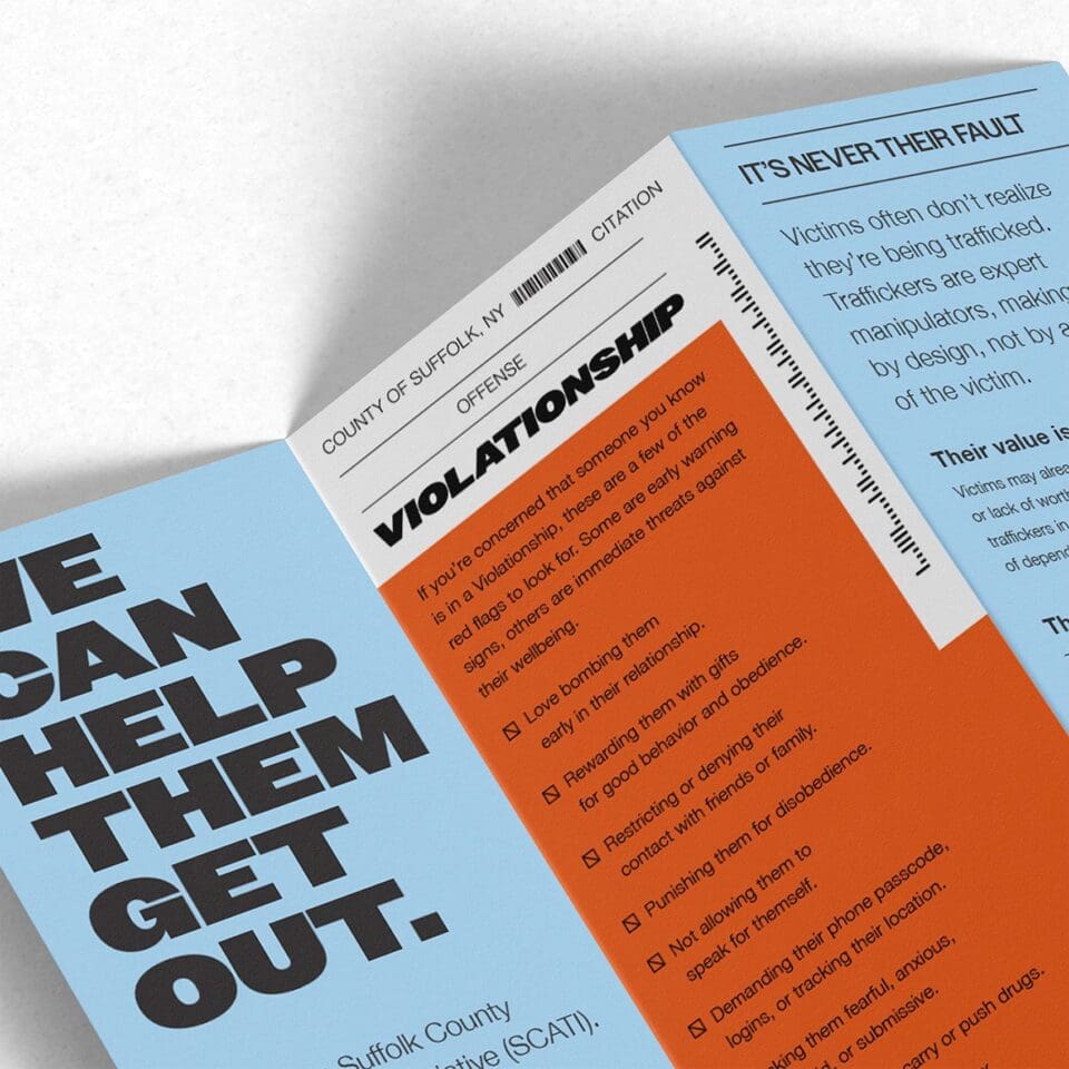 A close-up of a pamphlet shows bold text about helping victims of trafficking, with a section titled “VIOLATIONSHIP” and information on recognizing signs of exploitation.