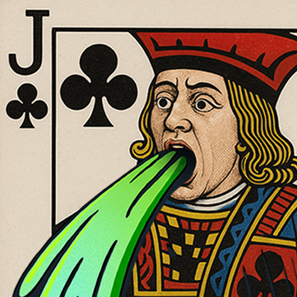Illustration of the Jack of Clubs card with the figure's mouth open, emitting a bright green, cartoonish stream resembling vomit.