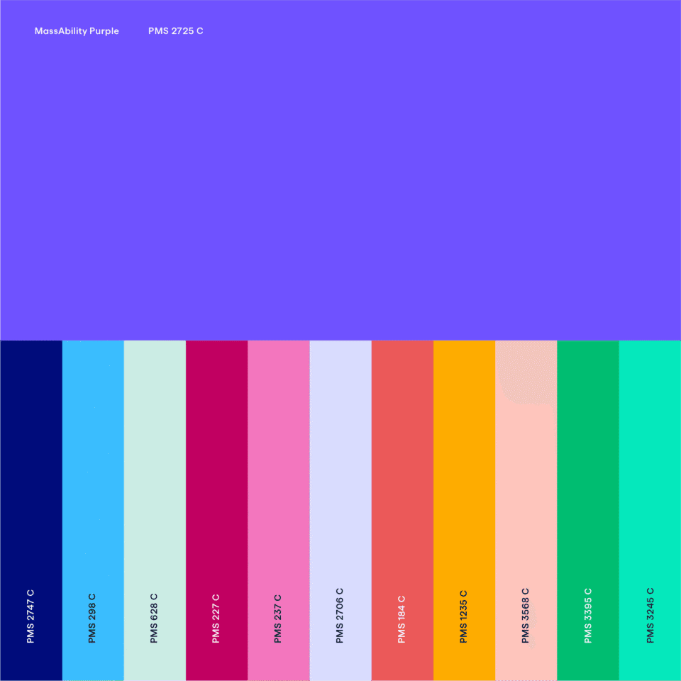 Color palette image featuring 11 vertical color bars with PMS codes: 2727 C, 298 C, 629 C, 2377 C, 237 C, 297 C, 2030 C, 1225 C, 585 C, 3596 C, and 2345 C.