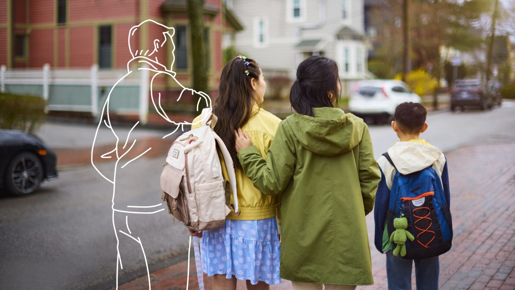 Three children walk on a sidewalk with their backs to the camera; a white outline drawing of a person appears beside them, reaching out to one child’s shoulder.