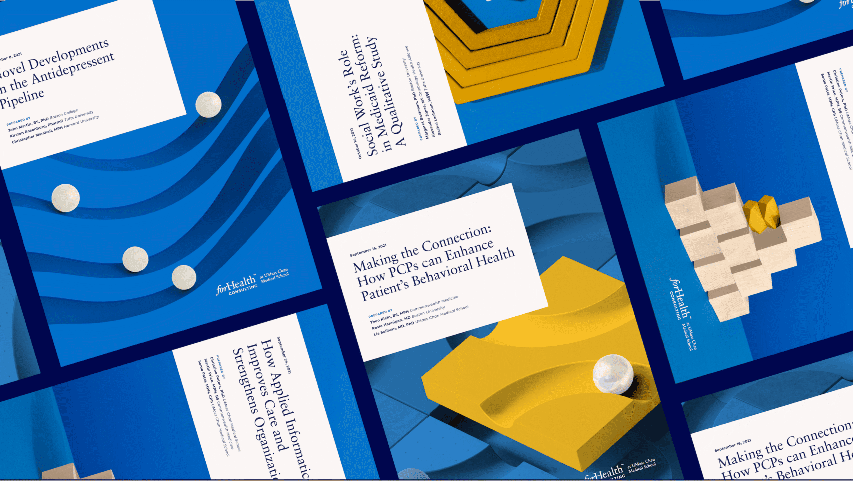 A collection of blue and yellow academic journal covers featuring geometric designs and text on healthcare topics.