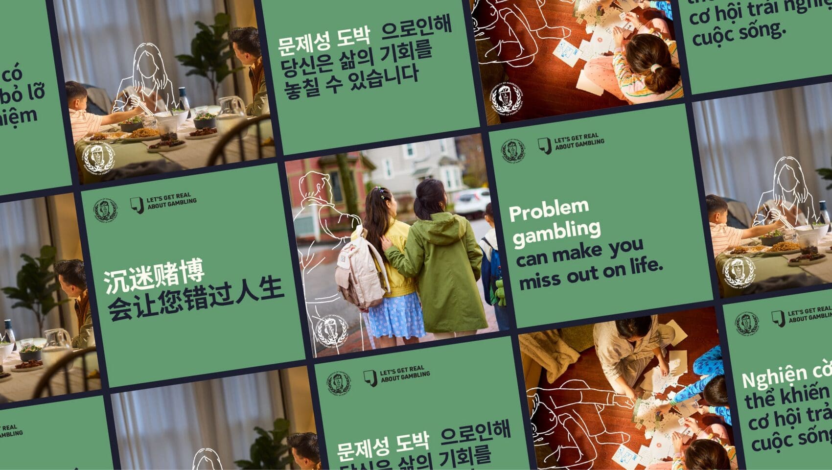 Grid of multilingual posters about problem gambling, featuring text warnings, child and adult outlines, and the “Let’s Set Real” campaign logo in multiple languages.