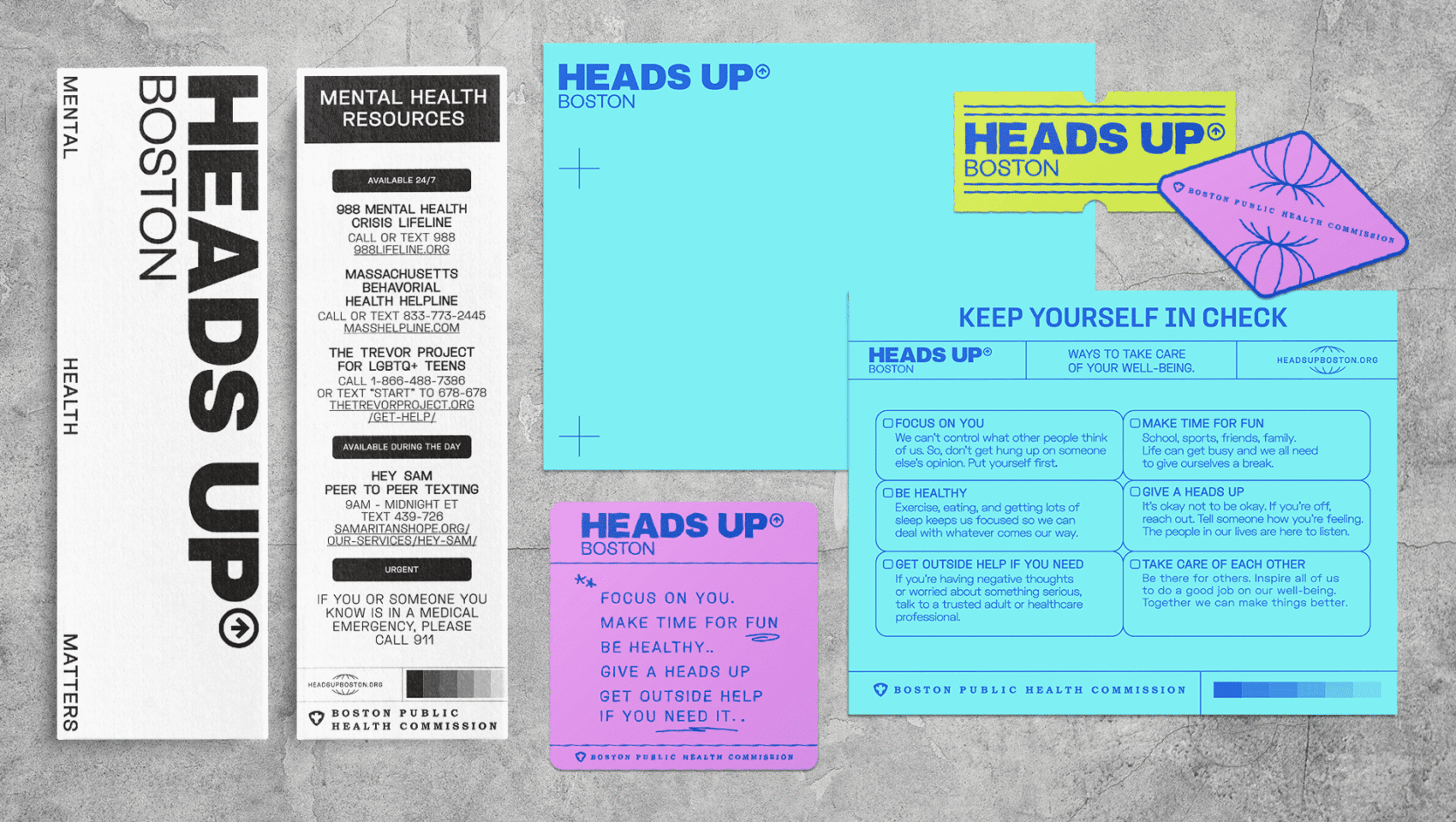 Image showing various Heads Up Boston posters and flyers focused on mental health resources and tips, with contact information for support services.
